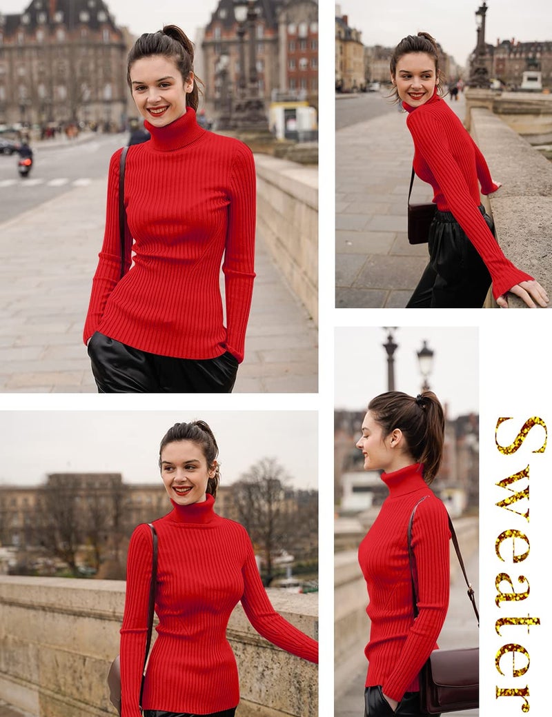 v28 Women Stretchable Turtleneck Knit Long Sleeve Slim Fit Sweater (S,Red) - Image 4
